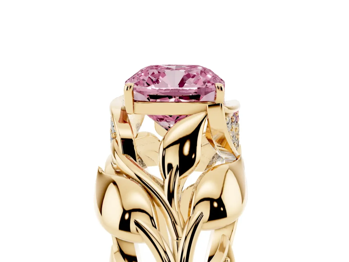 Fancy Pink Cushion Cut Diamond Leaf-Inspired Engagement Ring with Round Accents and Prong Setting Yellow gold