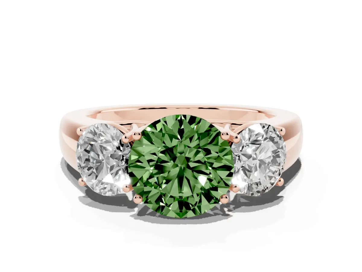 Fancy Green Three-Stone Round Cut Cut Diamond Ring with Prong Setting and Classic Band Rose gold