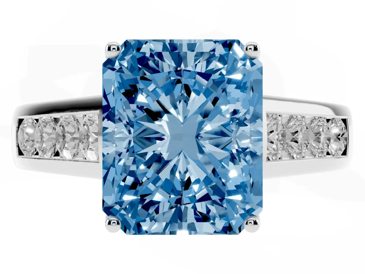 Fancy Blue Radiant Cut Solitaire Channel-Set Diamond Engagement Ring with Four-Prong Setting Platinum