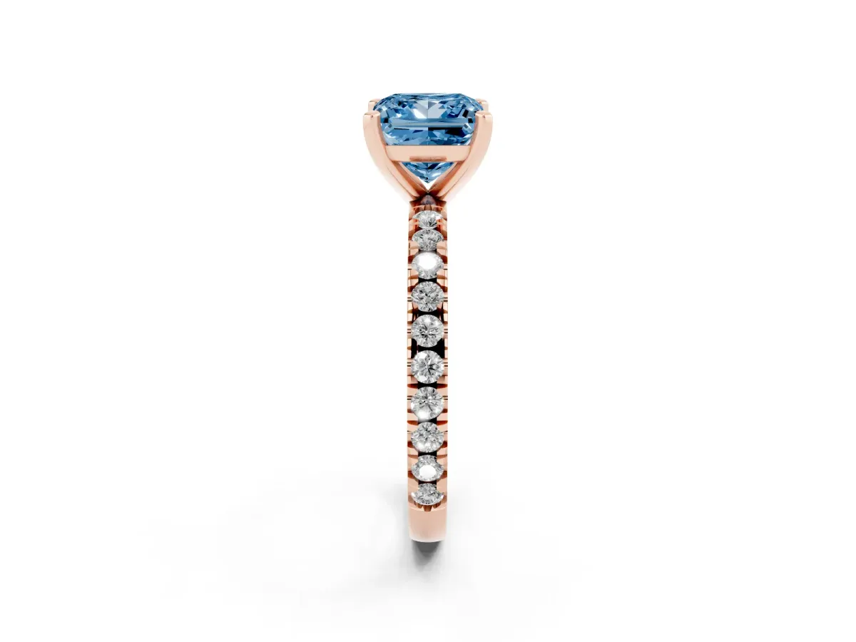 Fancy Blue Princess Cut Diamond Pavé Band Solitaire with Four-Prong Setting Rose gold