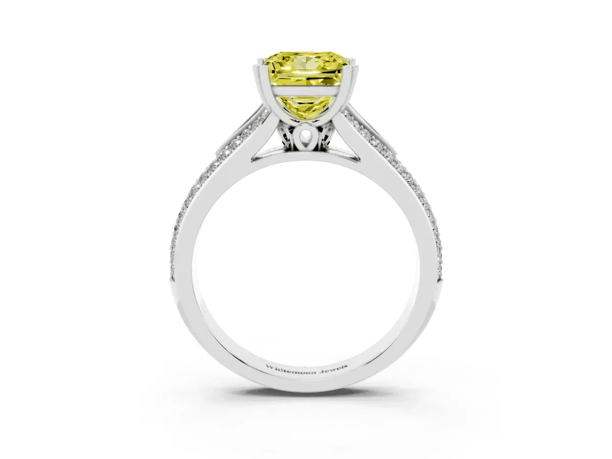 Fancy Yellow Princess Cut Diamond Split Shank Engagement Ring with Pavé Band Silver