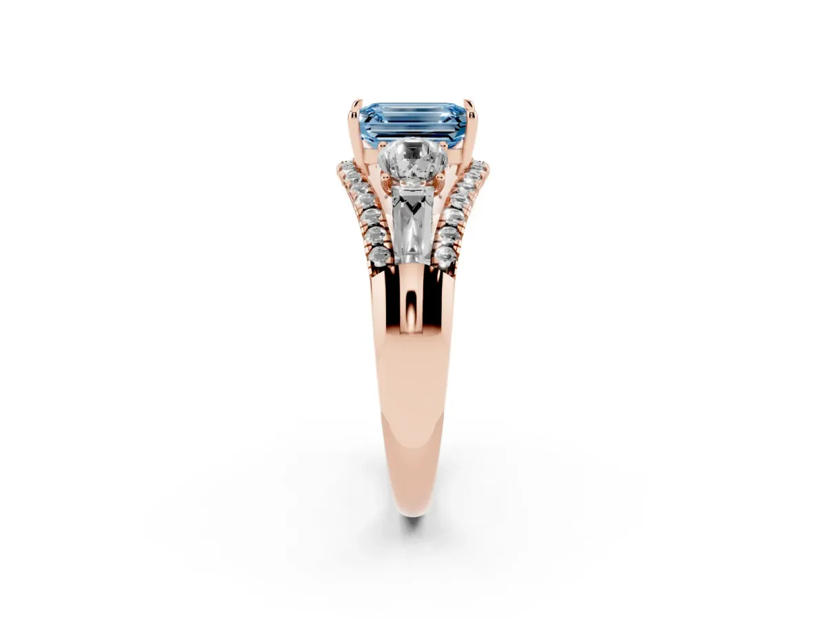 Fancy Blue Three-Stone Emerald Cut Diamond Engagement Ring with Pave Band and Prong Setting Rose gold