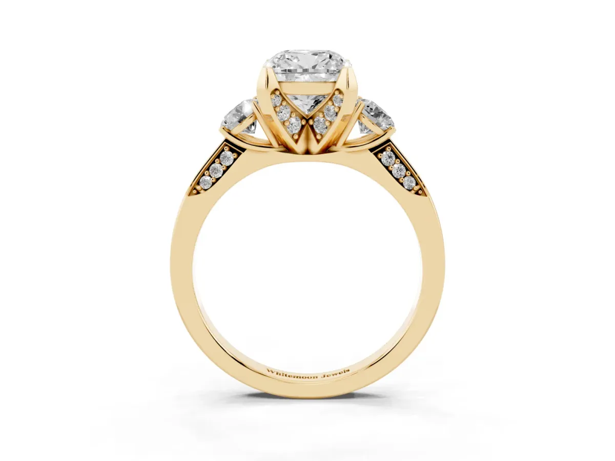 Cushion Cut Brilliant Three-Stone Diamond Ring with Pavé Band and Four-Prong Setting Yellow gold