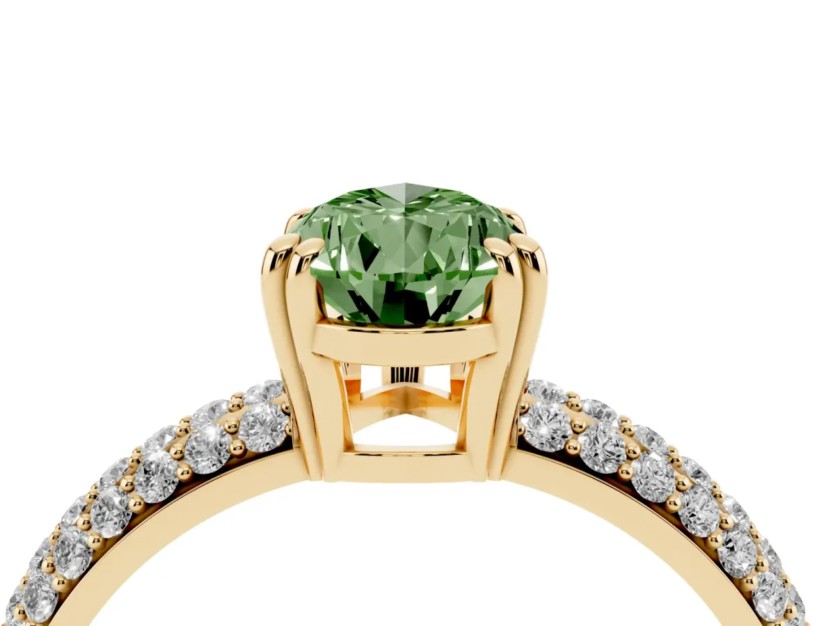 Fancy Green Pear Cut Diamond Solitaire Ring with Multi-Row Round Pavé Band and Prong Setting Yellow gold