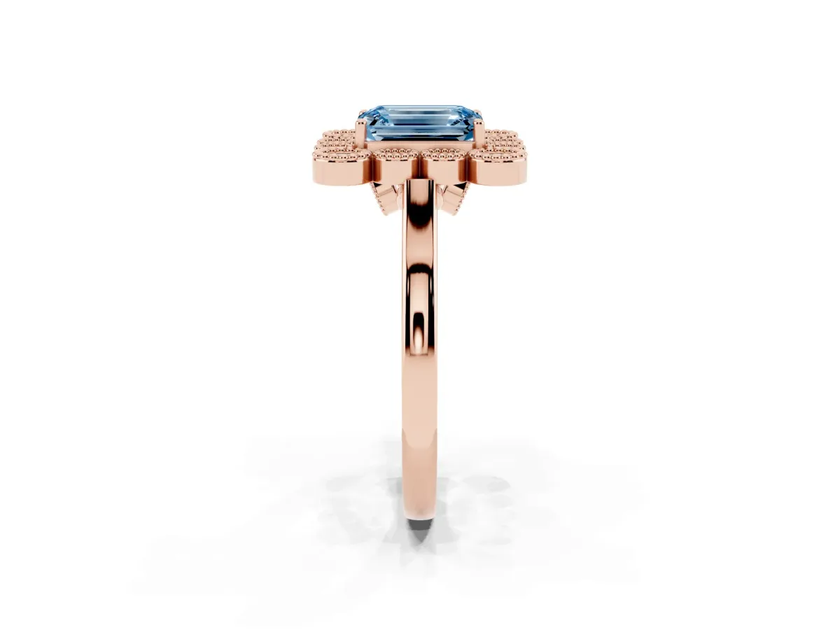 Fancy Blue Emerald Cut Halo Diamond Cluster Engagement Ring with Milgrain Bezel Setting and Solitaire Band Rose gold
