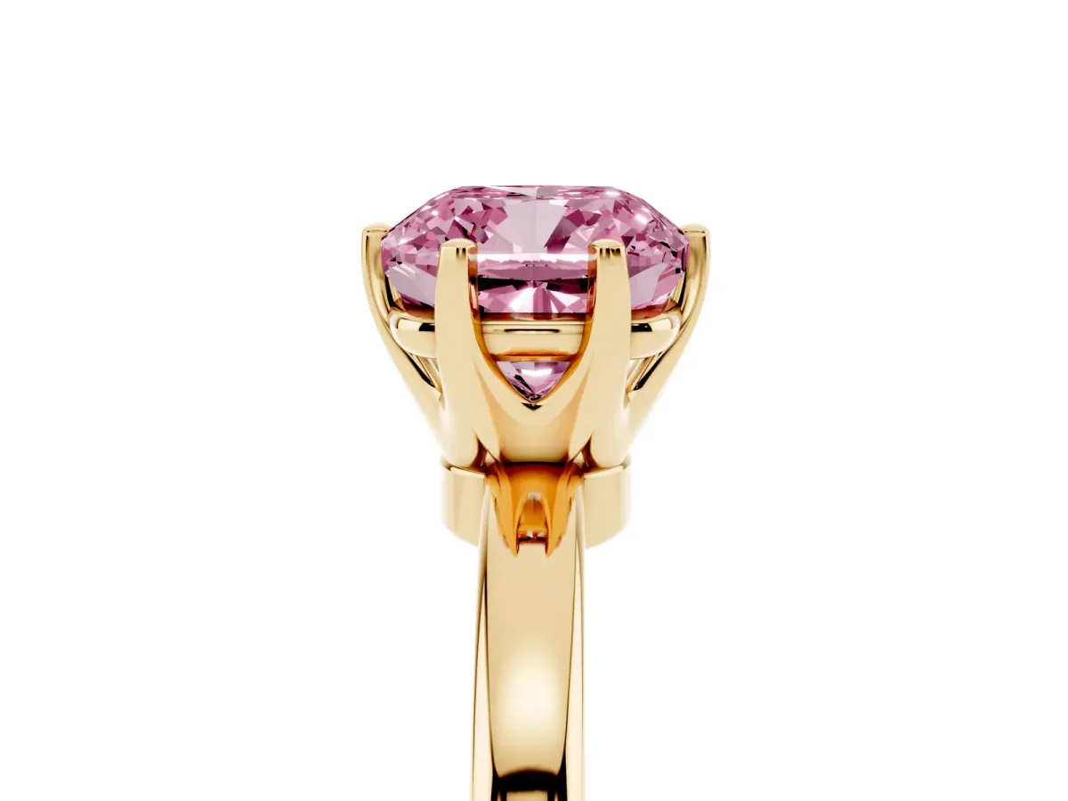 Fancy Pink Cushion Cut Solitaire Diamond Ring with Six-Prong Setting on a Classic Band Yellow gold