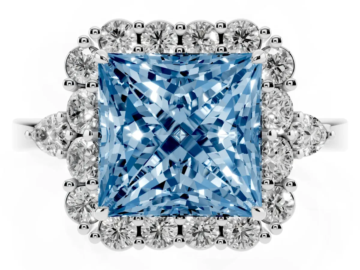 Fancy Blue Princess Cut Diamond Halo Ring with Pear Side Stones and Prong Setting Silver