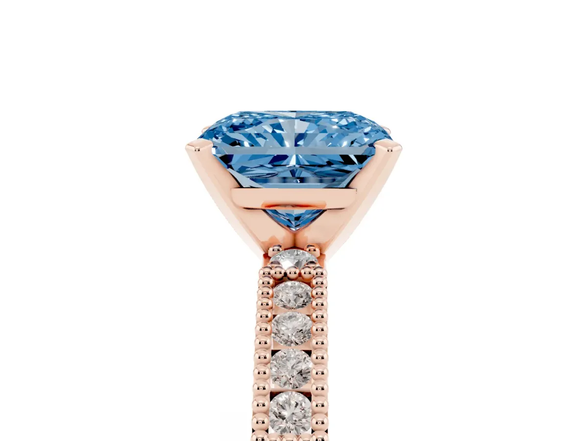Fancy Blue Radiant Cut Solitaire with Pavé Band and Four-Prong Setting Rose gold