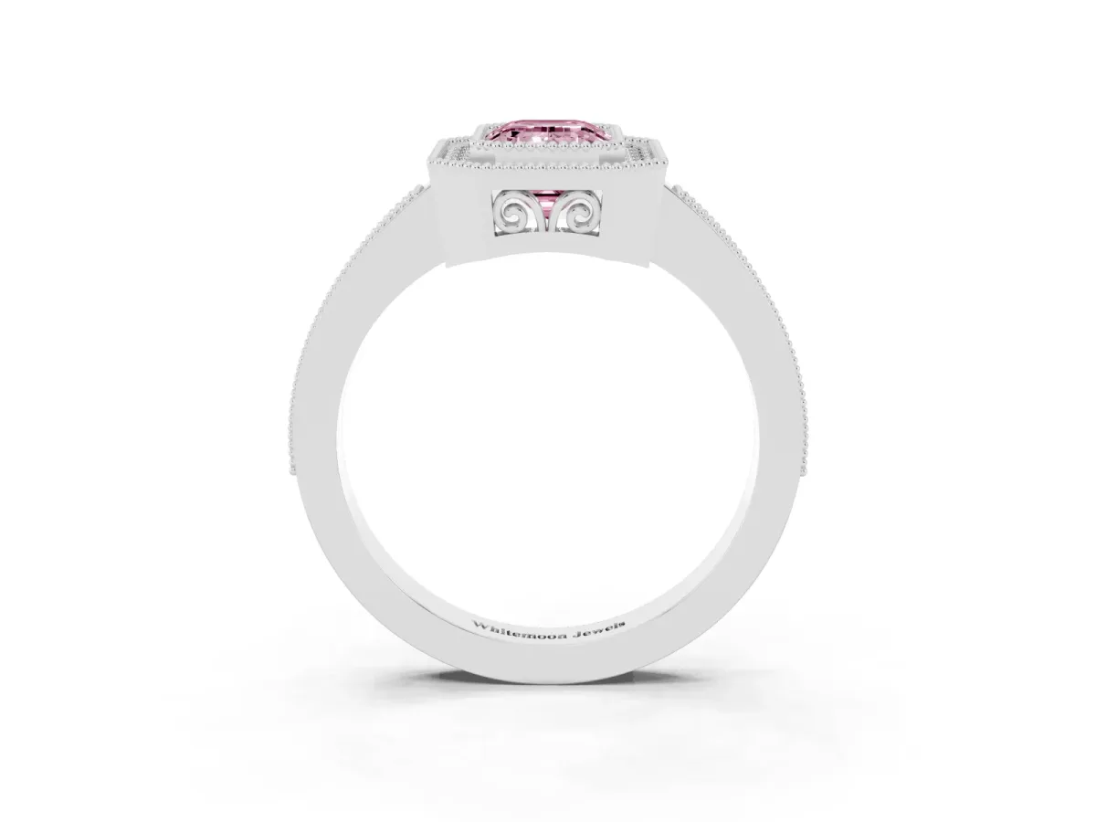 Fancy Pink Emerald Cut Cut Halo Diamond Ring with Pavé Band and Milgrain Prong Setting Silver