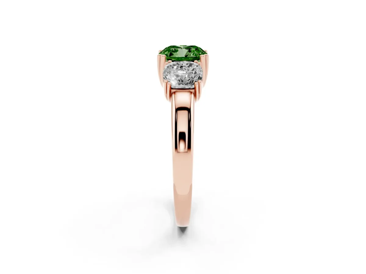 Fancy Green Three-Stone Cushion Cut Cut Diamond Ring with Channel Set Band and Four-Prong Setting Rose gold