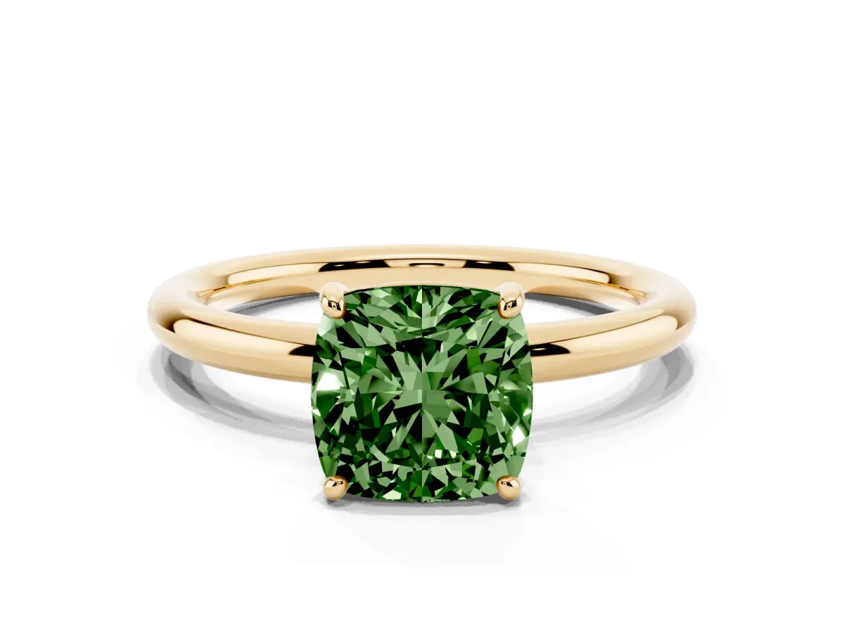 Fancy Green Cushion Cut Solitaire Diamond Ring with Four-Prong Setting on a Plain Band Yellow gold