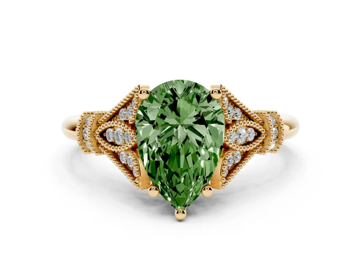 Fancy Green Pear Cut Diamond Solitaire Ring with Floral Filigree and Pave Accents Yellow gold