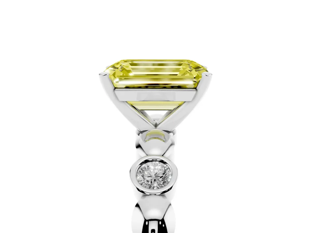 Fancy Yellow Emerald Cut Solitaire Bezel-Set Diamond Ring with Beaded Band and Four-Prong Setting Silver