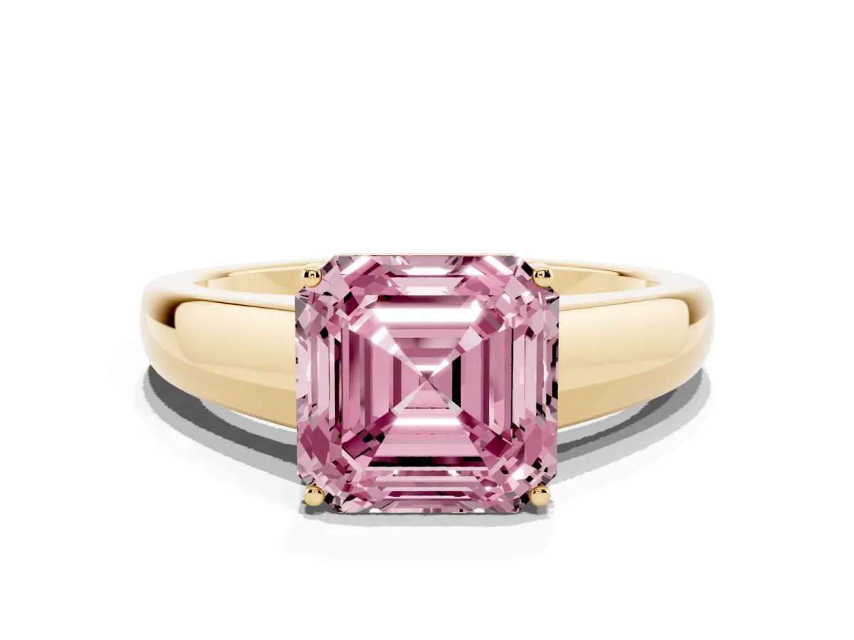 Fancy Pink Asscher Cut Solitaire Diamond Ring with Tapered Band and Four-Prong Setting Yellow gold