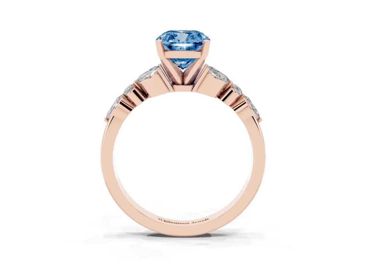 Fancy Blue Cushion Cut Diamond Solitaire Ring with Side Stones and Four-Prong Setting Rose gold