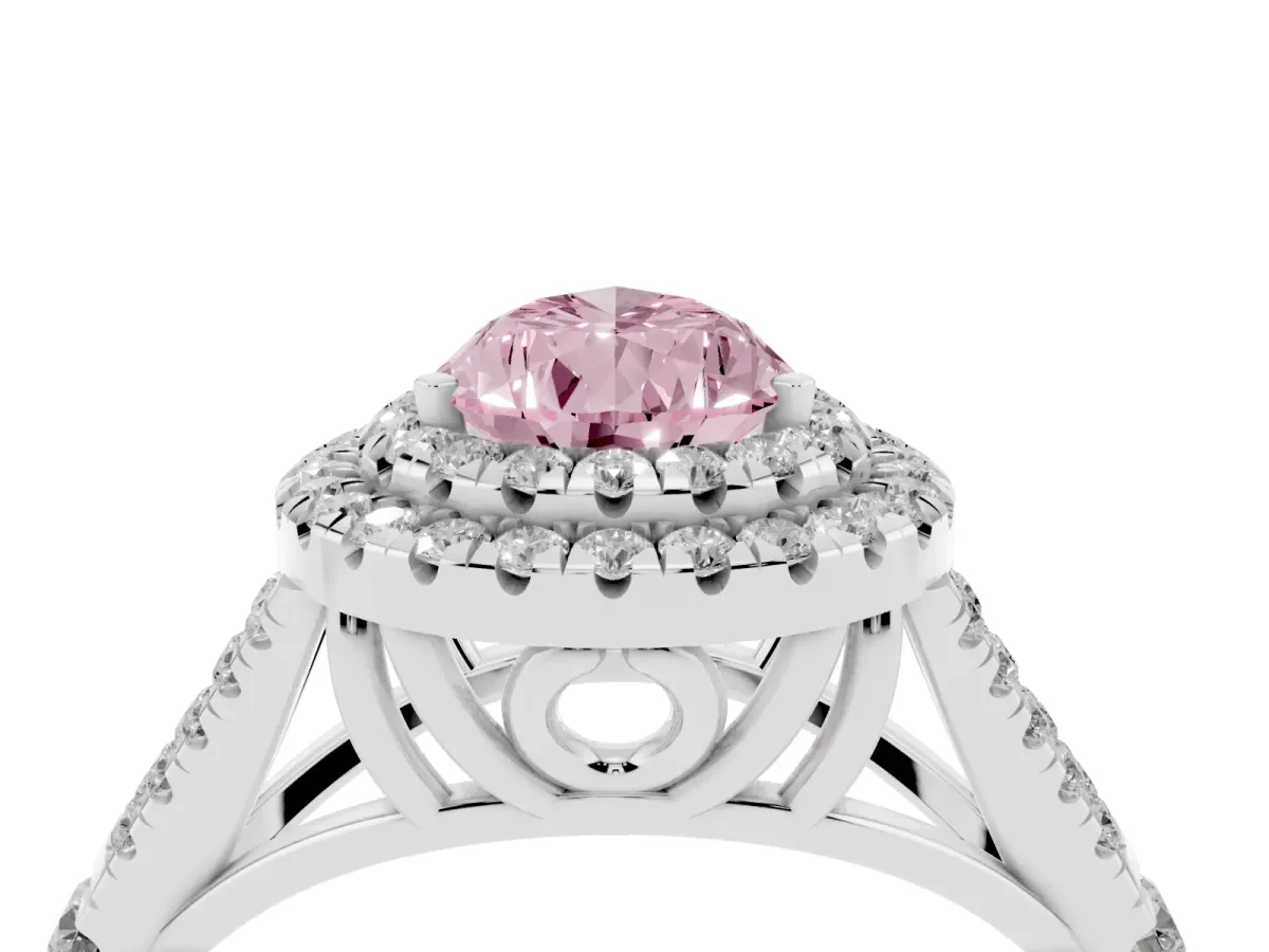 Fancy Pink Pear Cut Diamond Pavé Split Shank Double Halo Engagement Ring Silver