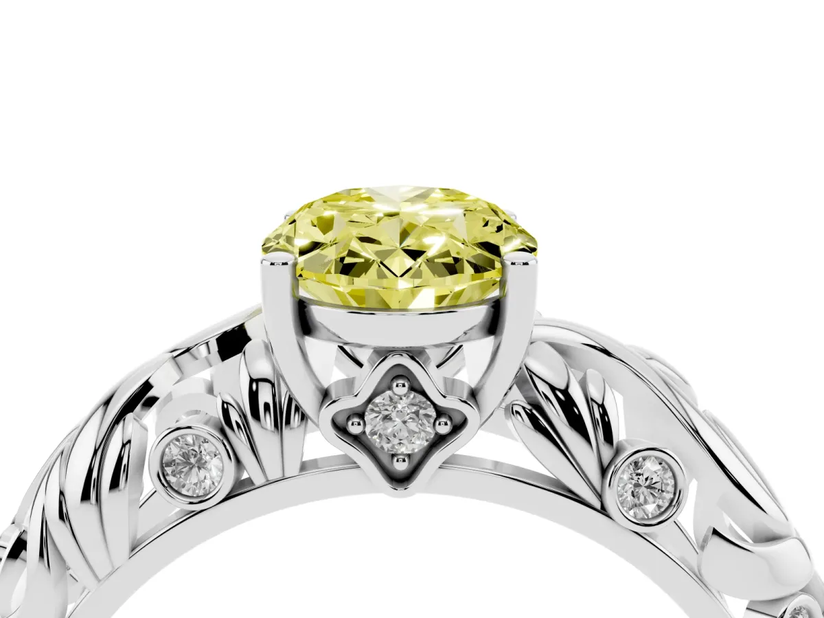 Fancy Yellow Oval Cut Solitaire Diamond Leaf-Inspired Vine Band Ring with Prong Setting Silver