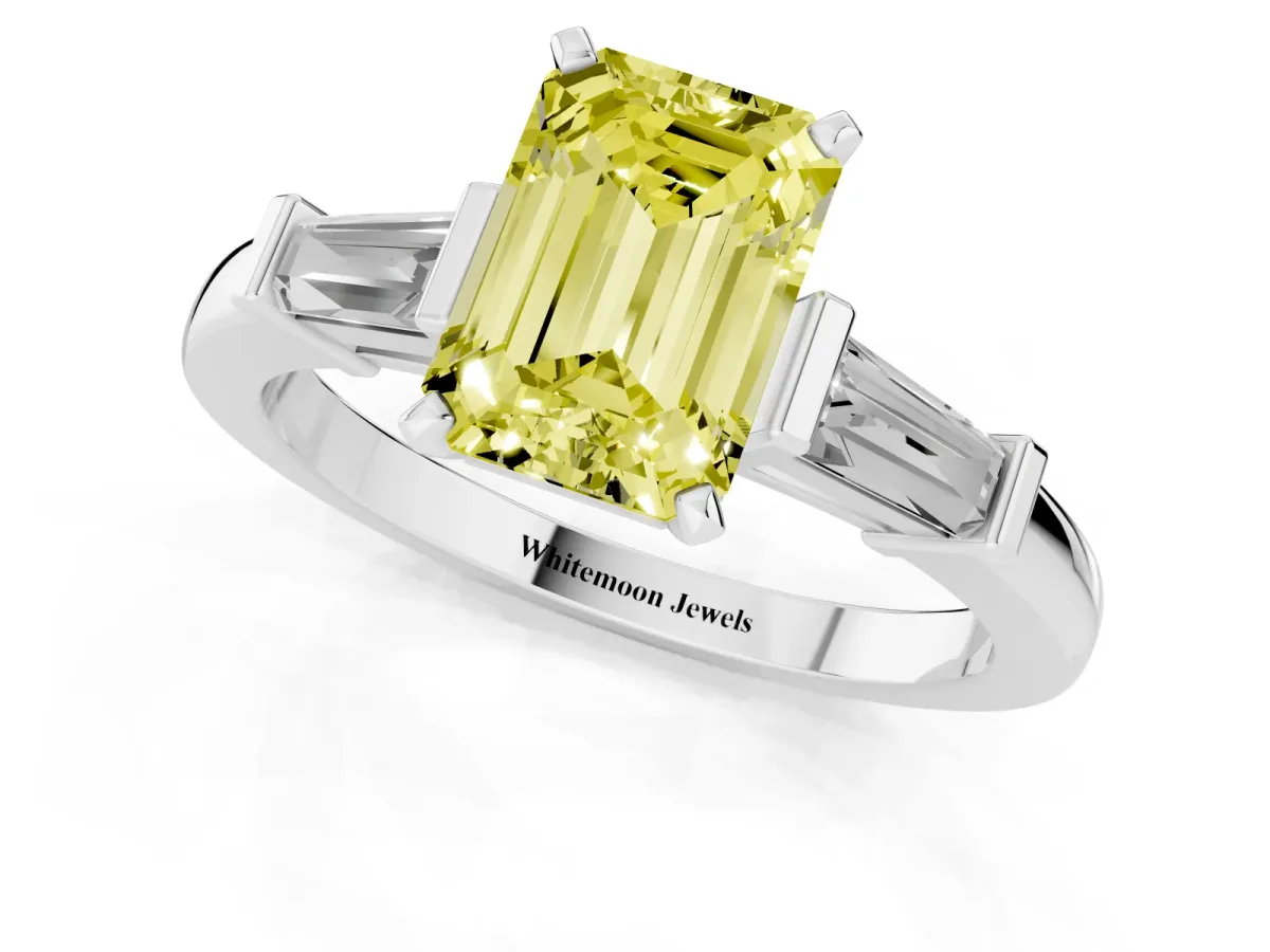 Fancy Yellow Emerald Cut Cut Diamond Solitaire Ring with Tapered Baguette Accents and Four-Prong Setting Silver