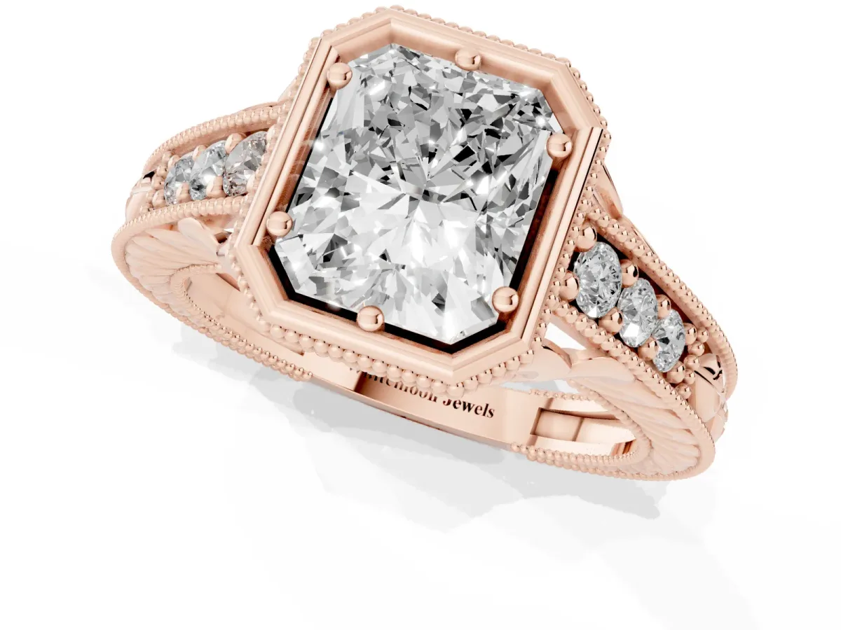 Bezel Set Radiant Cut Diamond Milgrain Pave Engagement Ring Rose gold