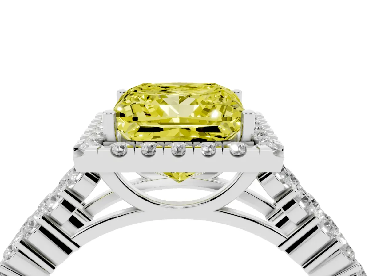 Fancy Yellow Princess Cut Diamond Halo Engagement Ring with Triple Row Round Pavé Band and Prong Setting Platinum