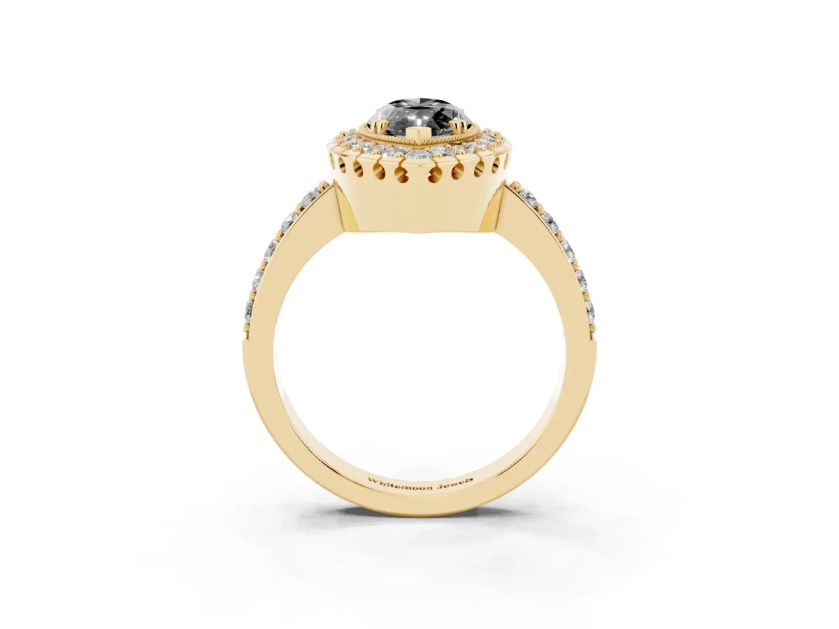 Fancy Black Marquise Cut Diamond Halo Ring with Pavé Band and Prong Setting Yellow gold
