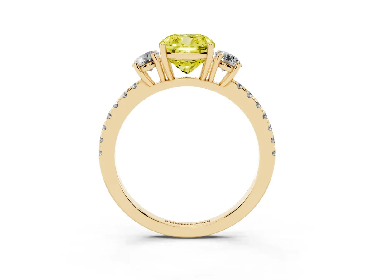 Fancy Yellow Three-Stone Cushion Cut Cut Diamond Pavé Band with Prong Setting Yellow gold