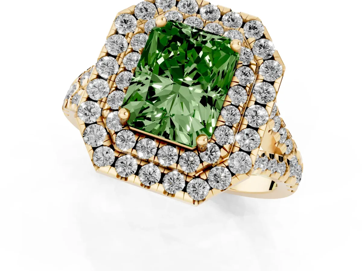 Fancy Green Double Halo Radiant Cut Diamond Pavé Split Shank Ring with Prong Setting Yellow gold