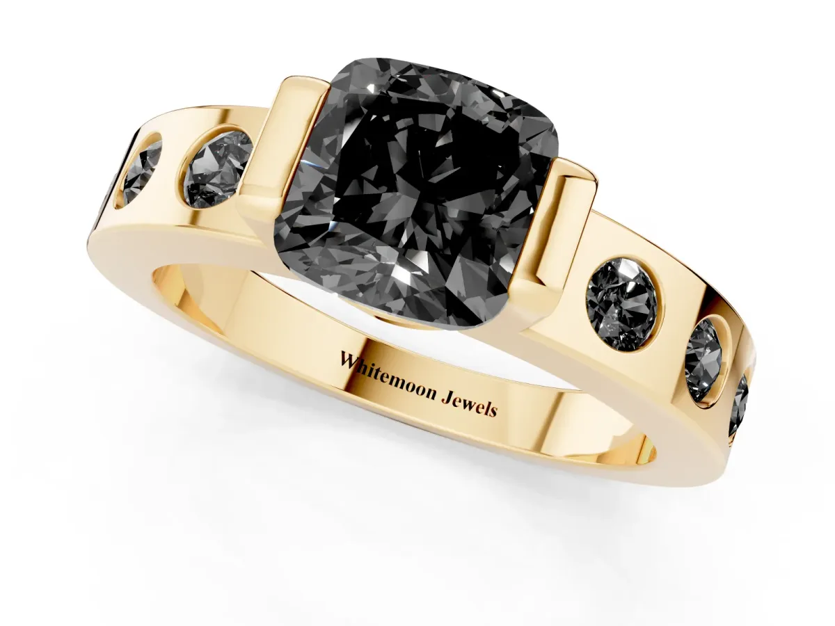 Fancy Black Cushion Cut Brilliant Channel-Set Diamond Ring with Bezel Prong Setting Yellow gold