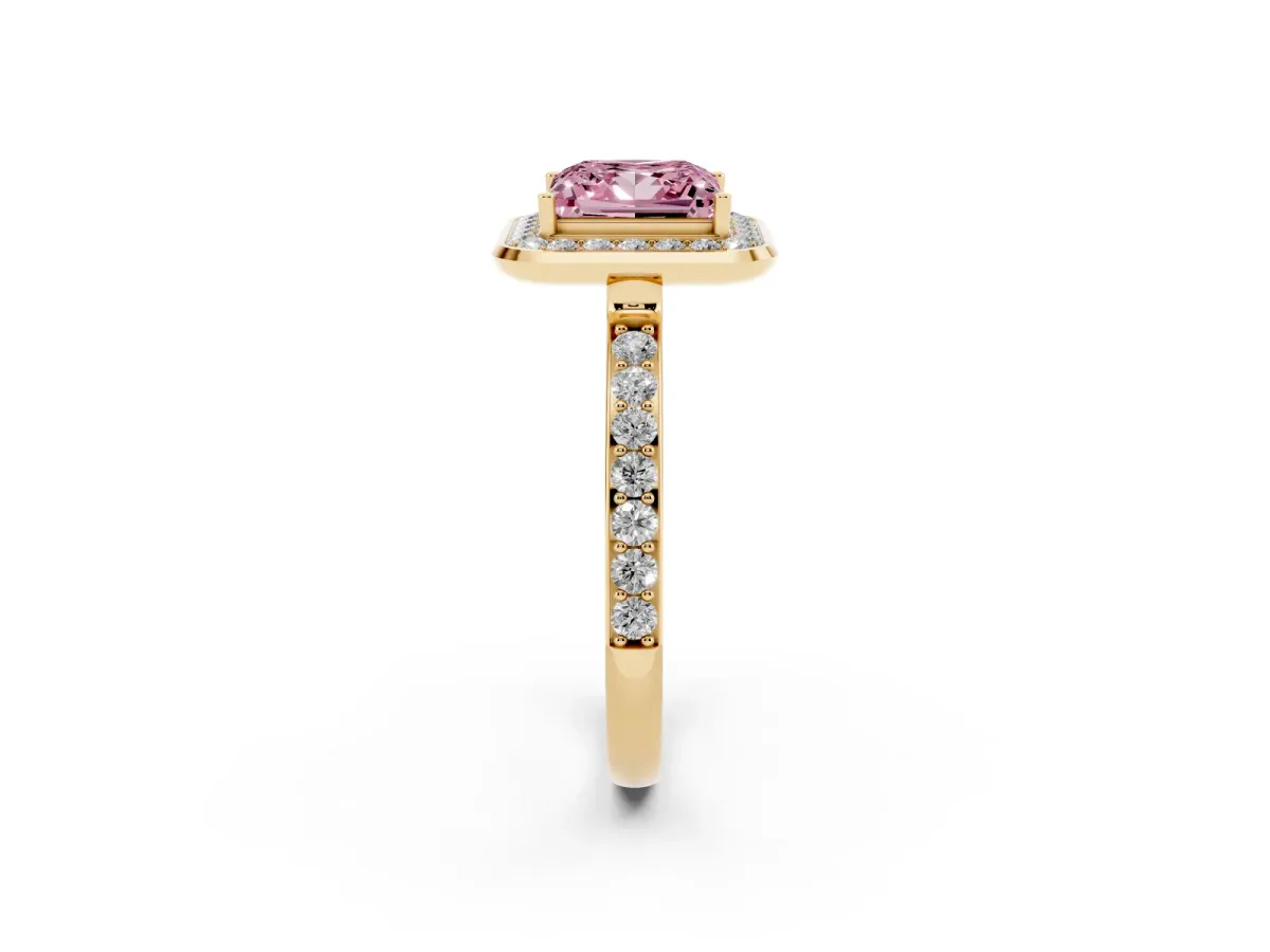 Fancy Pink Princess Cut Diamond Halo Ring with Bezel Frame and Pavé Band Yellow gold