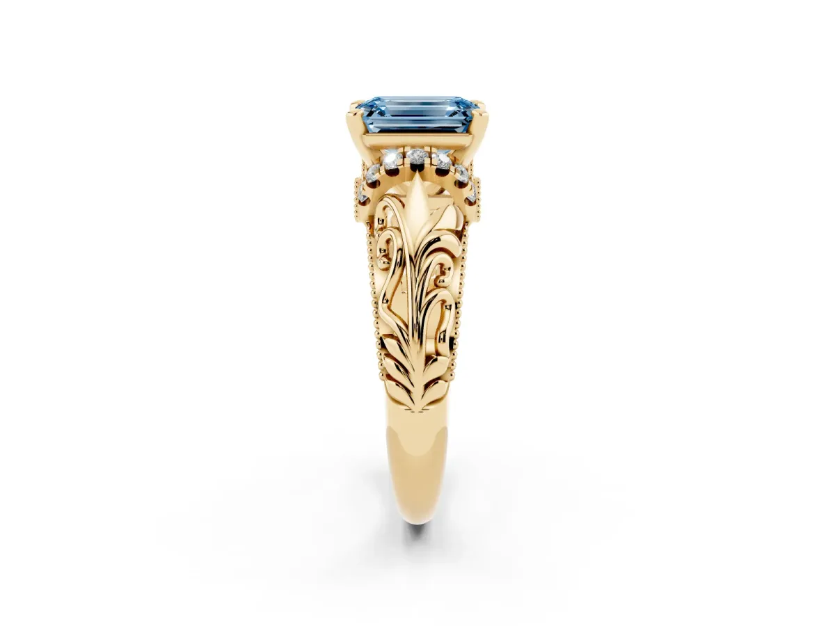 Fancy Blue Emerald Cut Solitaire Filigree Engagement Ring with Halo and Prong Setting Yellow gold