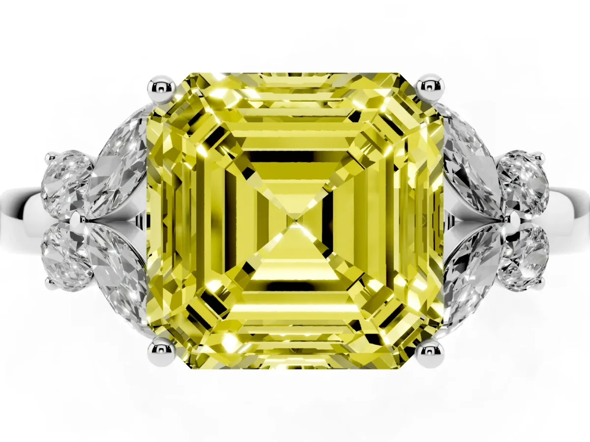 Fancy Yellow Asscher Cut Cut Solitaire Floral Diamond Ring with Four-Prong Setting Silver