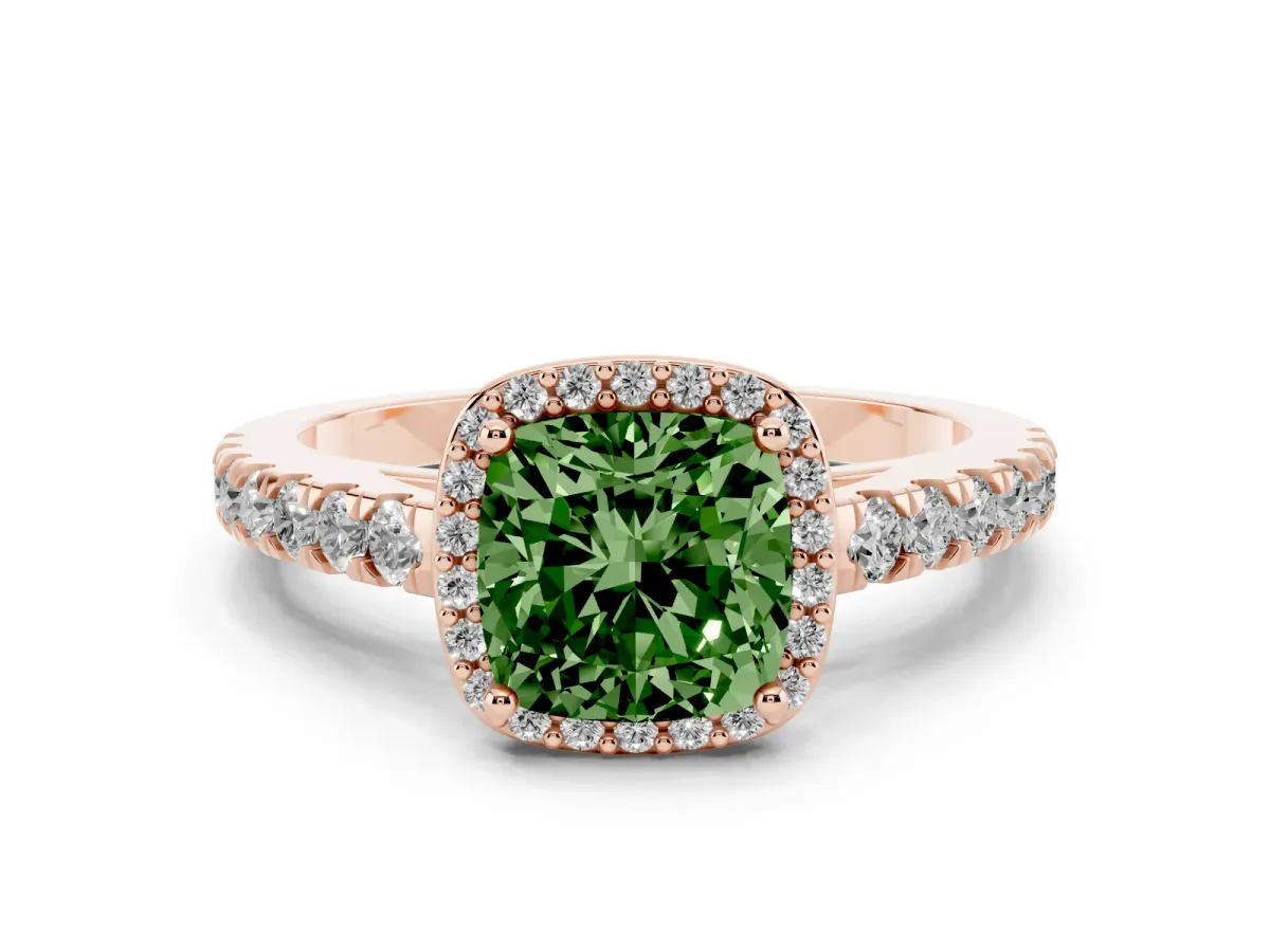 Fancy Green Cushion Cut Cut Halo Diamond Engagement Ring with Pave Band and Four-Prong Setting Rose gold