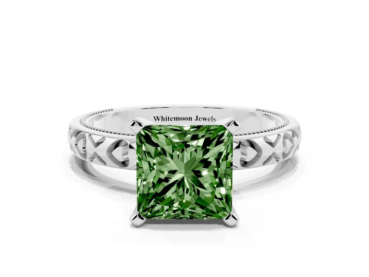 Fancy Green Princess Cut Solitaire Diamond Engagement Ring with XO Engraved Band and Four-Prong Setting Silver