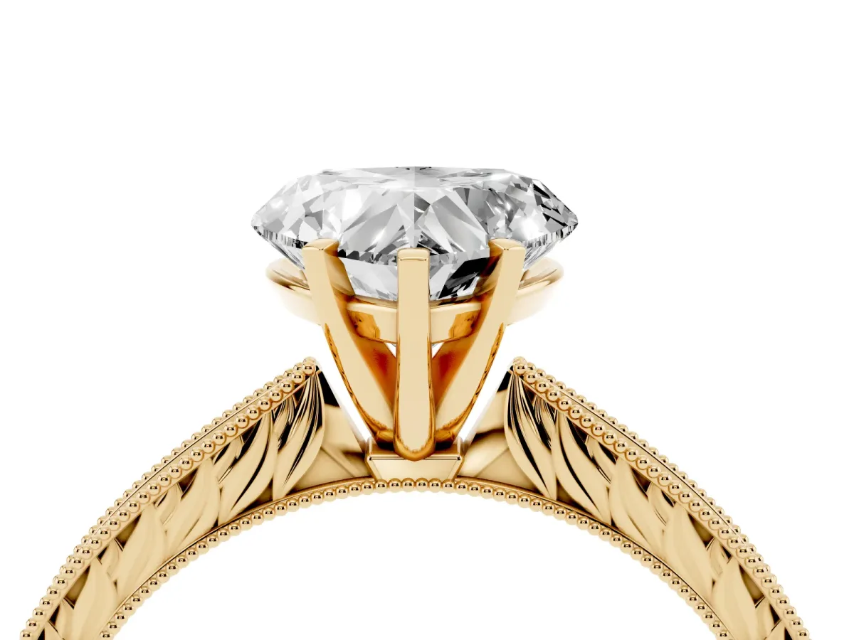 Heart Cut Solitaire Milgrain Engraved Band with Four-Prong Setting Yellow gold