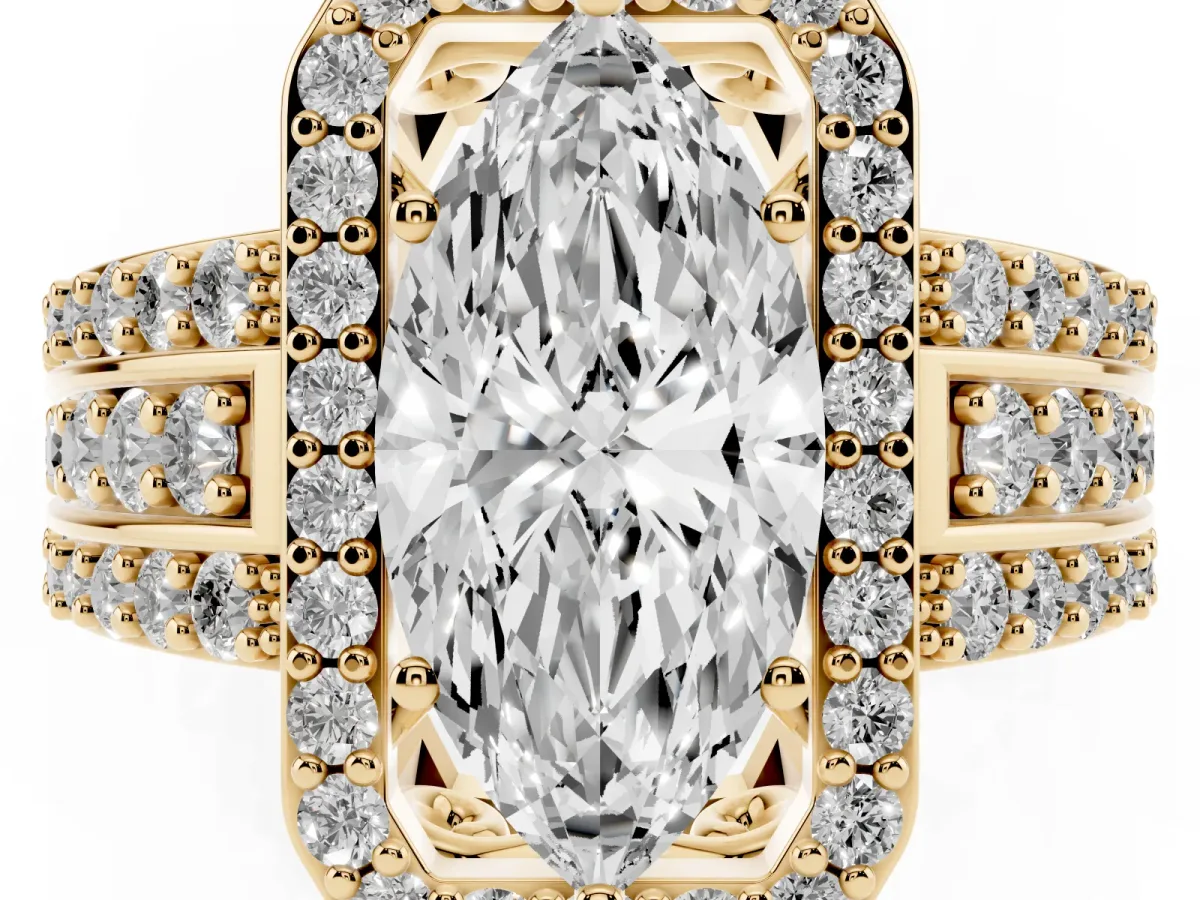 Marquise Cut Halo Diamond Ring with Round Split Shank and Prong Setting Yellow gold