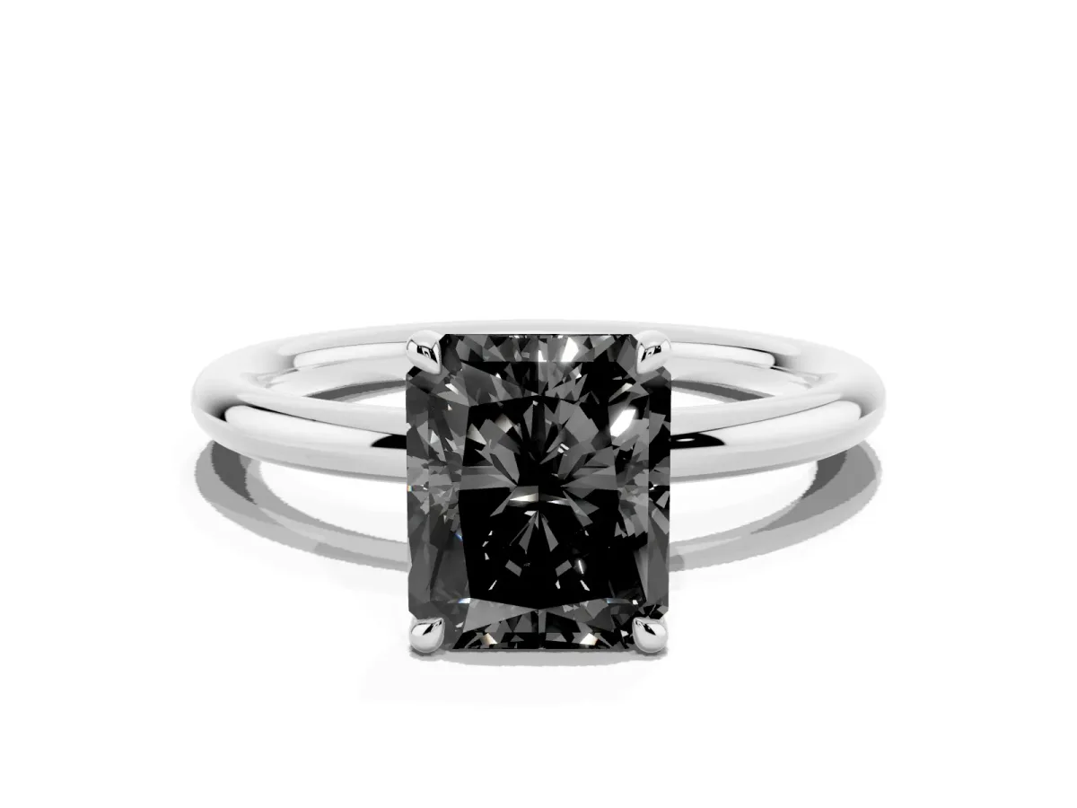 Fancy Black Radiant Cut Diamond Solitaire Ring with Thin Band and Four-Prong Setting Silver
