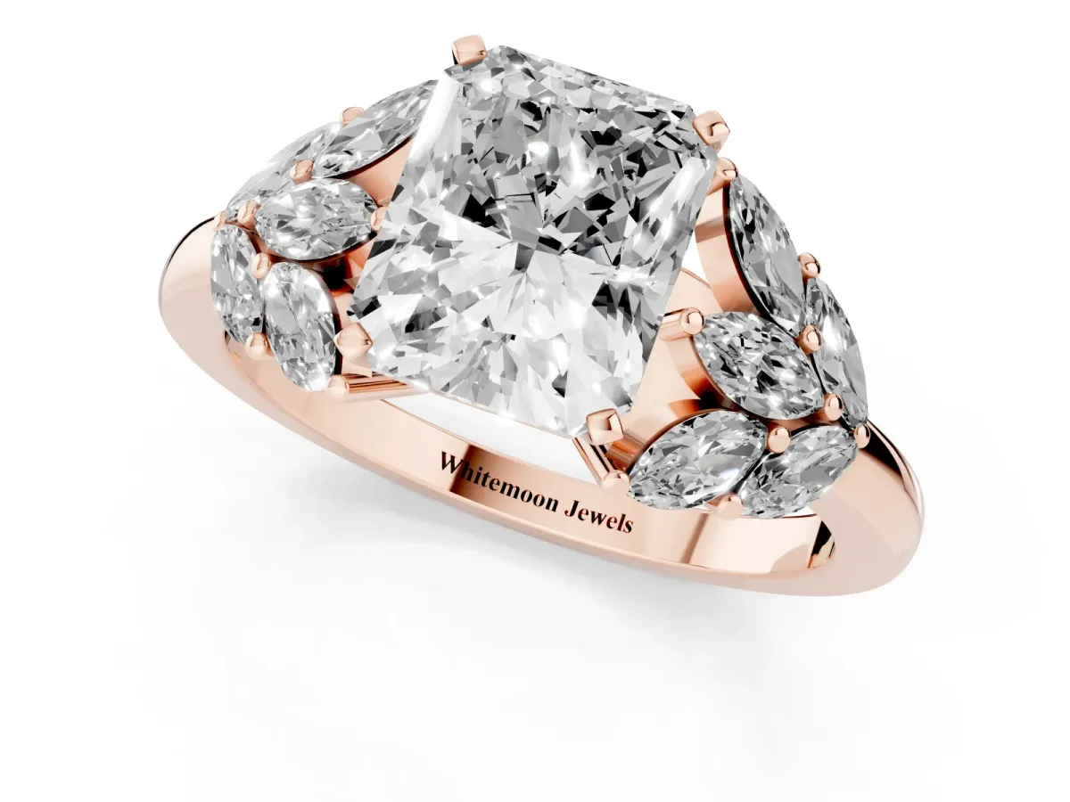 Radiant Cut Diamond Cluster Leaf Design Ring with Prong Setting Rose gold