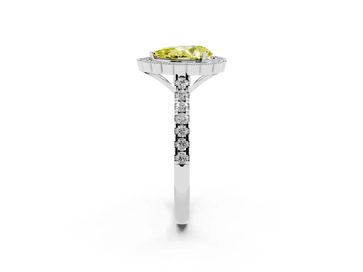 Fancy Yellow Pear Cut Cut Diamond Milgrain Floral Halo Engagement Ring with Pavé Band White gold