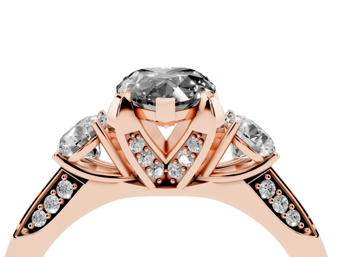 Fancy Black Pear Cut Brilliant Three-Stone Diamond Ring with Pavé Band and Four-Prong Setting Rose gold