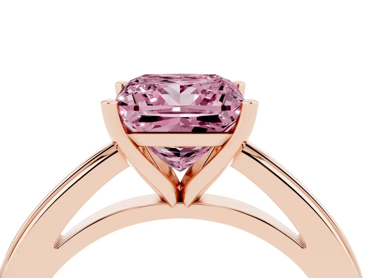 Fancy Pink Princess Cut Solitaire Diamond Ring with Four-Prong Setting and Classic Band Rose gold