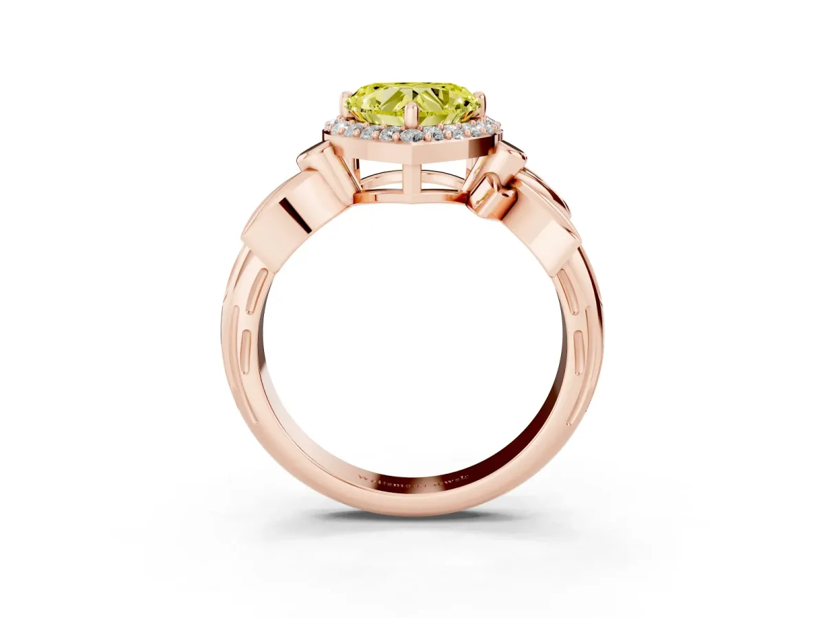Fancy Yellow Heart Cut Halo Diamond Floral Band with Four-Prong Setting Rose gold