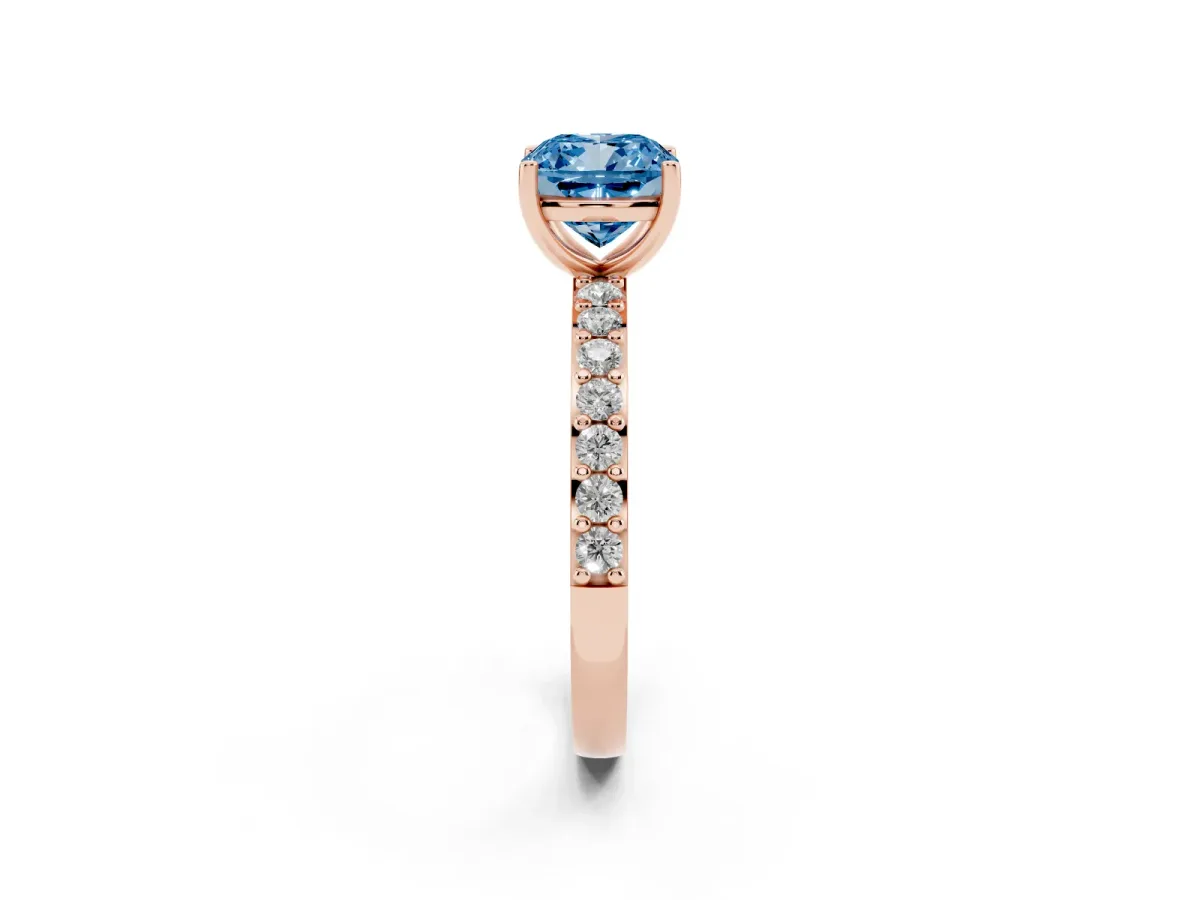 Fancy Blue Cushion Cut Cut Diamond Solitaire with Pave Band and Four-Prong Setting Rose gold