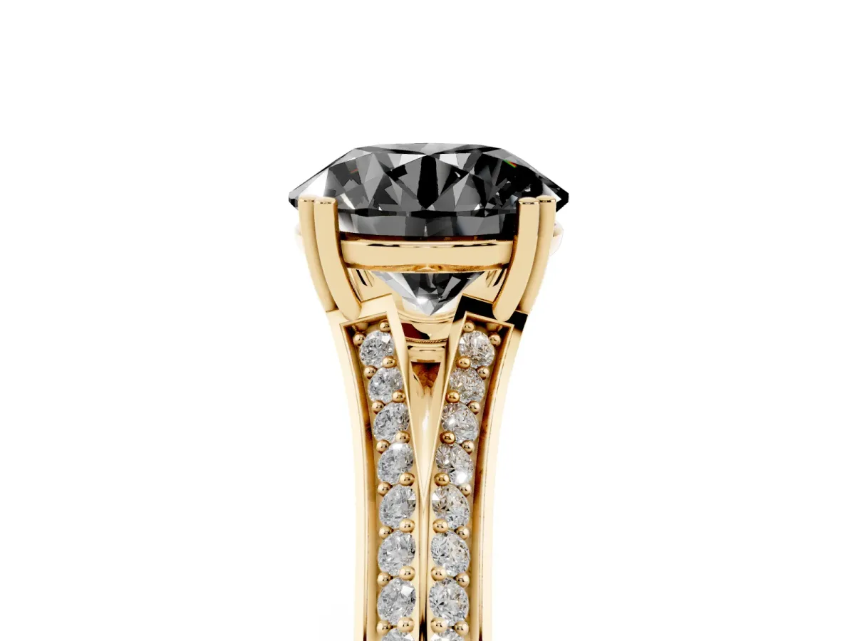 Fancy Black Round Cut Diamond Split Shank Engagement Ring with Pavé Band Yellow gold