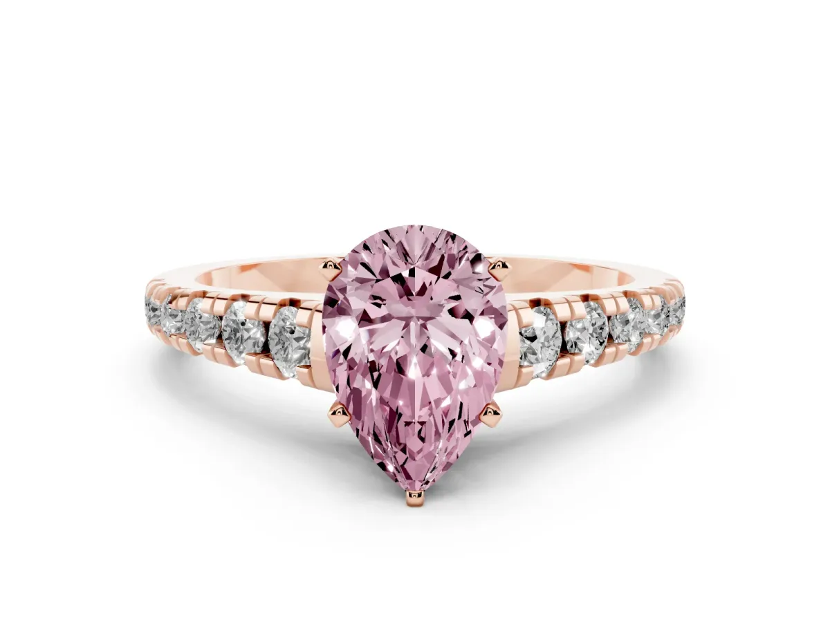 Fancy Pink Pear Cut Diamond Cathedral Solitaire Ring with Round Pavé Band Rose gold
