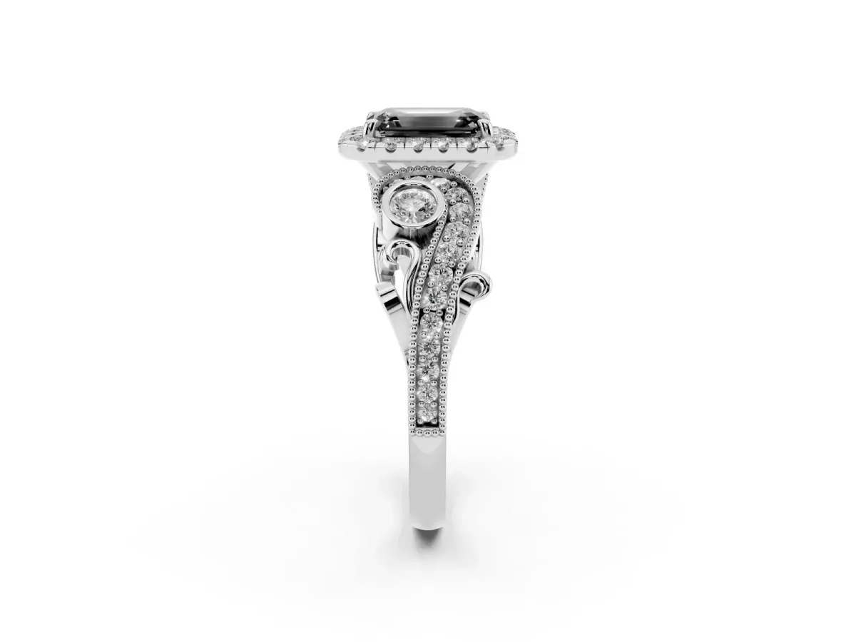 Fancy Black Emerald Cut Halo Diamond Ring with Milgrain and Bezel Accents on a Split Shank Band Platinum