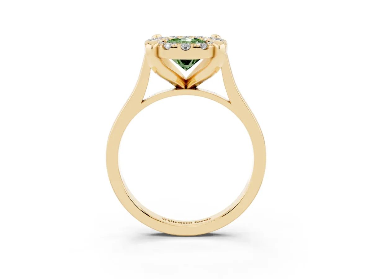 Fancy Green Oval Cut Diamond Cluster Halo Solitaire with Four-Prong Setting Yellow gold