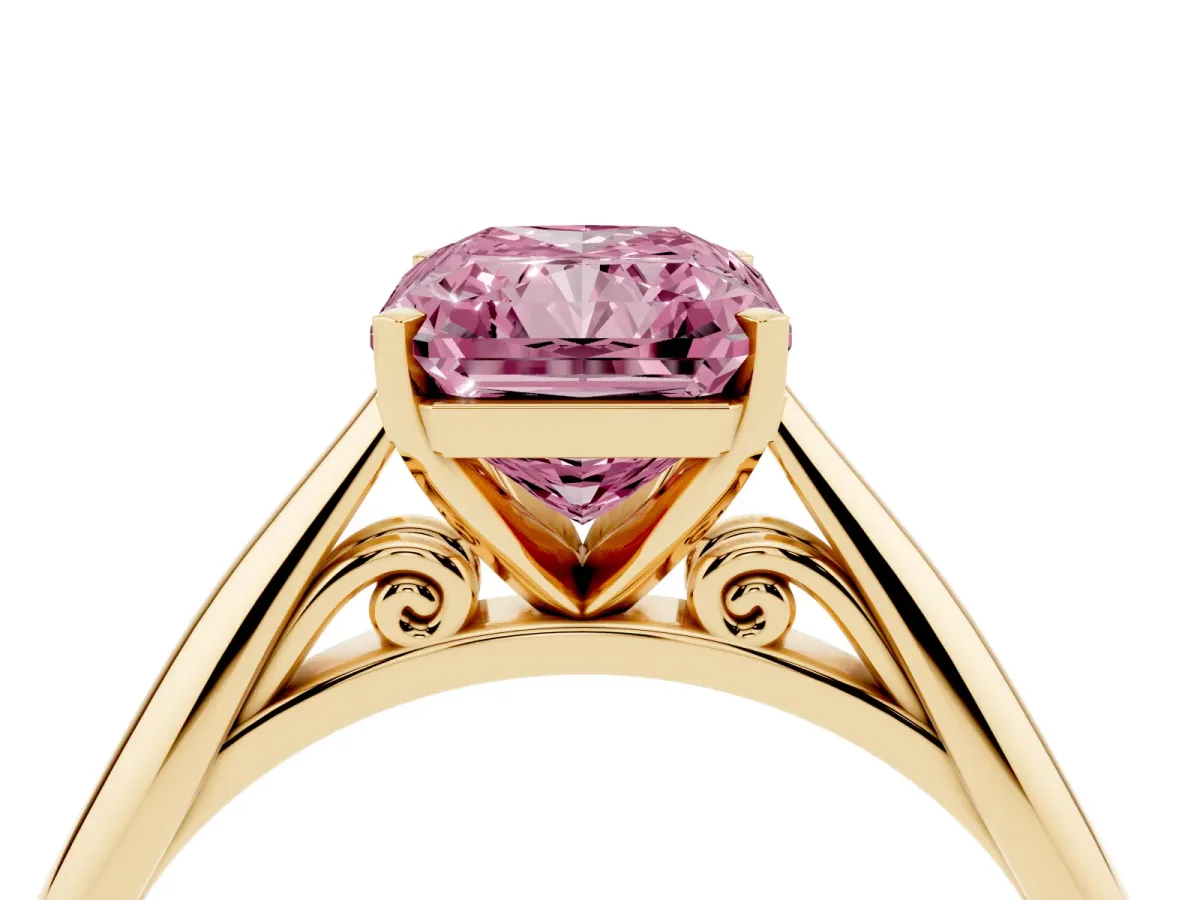 Fancy Pink Radiant Cut Diamond Solitaire Engagement Ring with Cathedral Setting and Four-Prong Mount Yellow gold