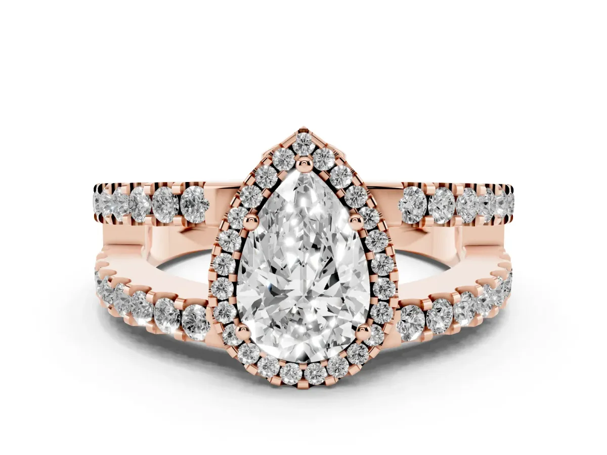 Pear Cut Cut Halo Split Shank Diamond Ring with Four-Prong Setting Rose gold