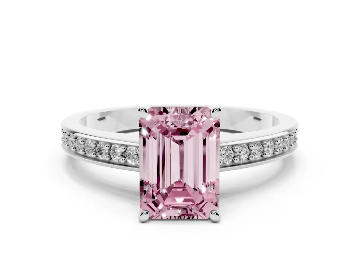 Fancy Pink Emerald Cut Solitaire Pavé Band Prong Setting Ring Silver