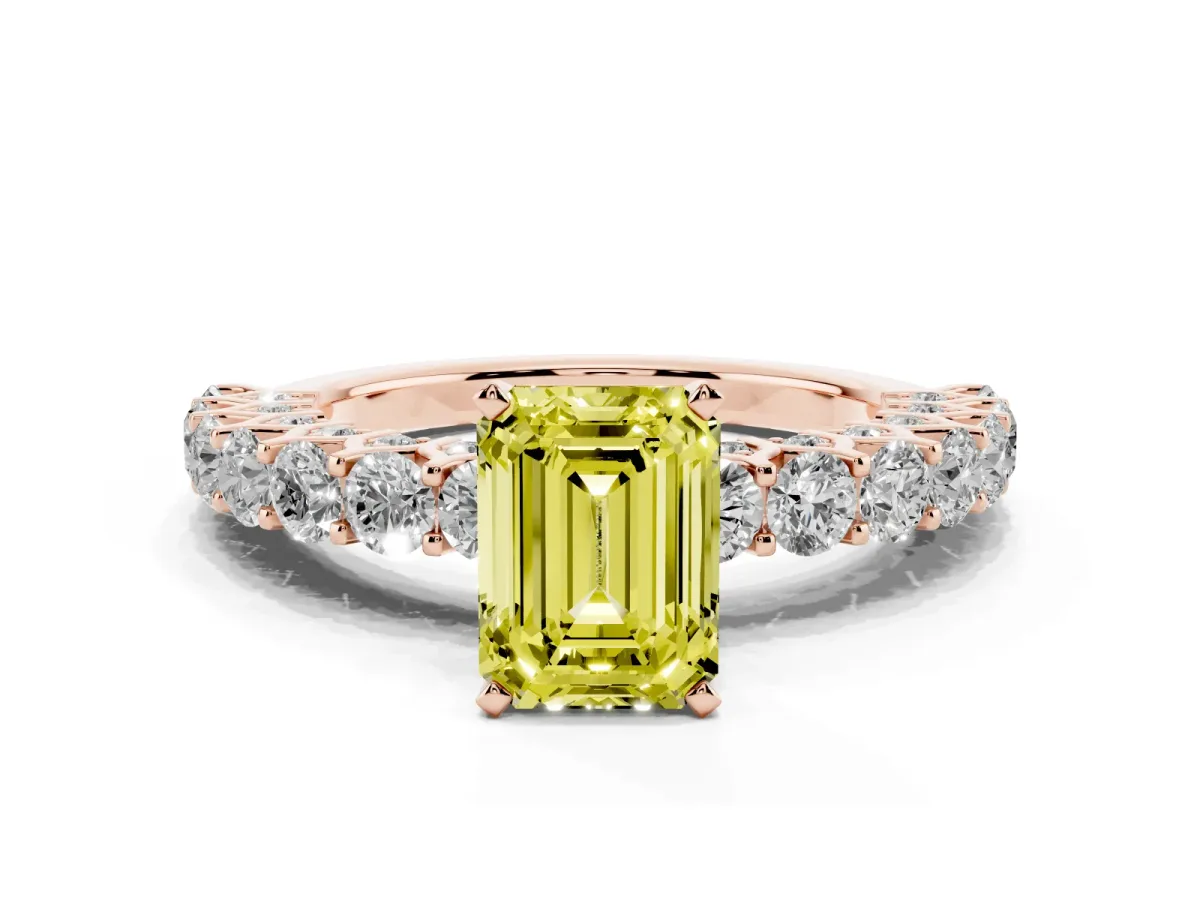 Fancy Yellow Emerald Cut Diamond Solitaire Ring with Shared Prong Pavé Band and Four-Prong Setting Rose gold